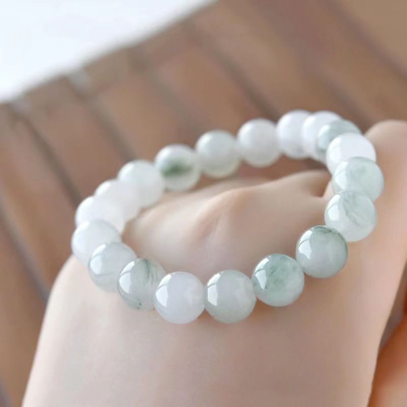 Chinoiserie Natural Tianshancui Jade Bracelet White Jade Round Bead Floating Flower Bracelet