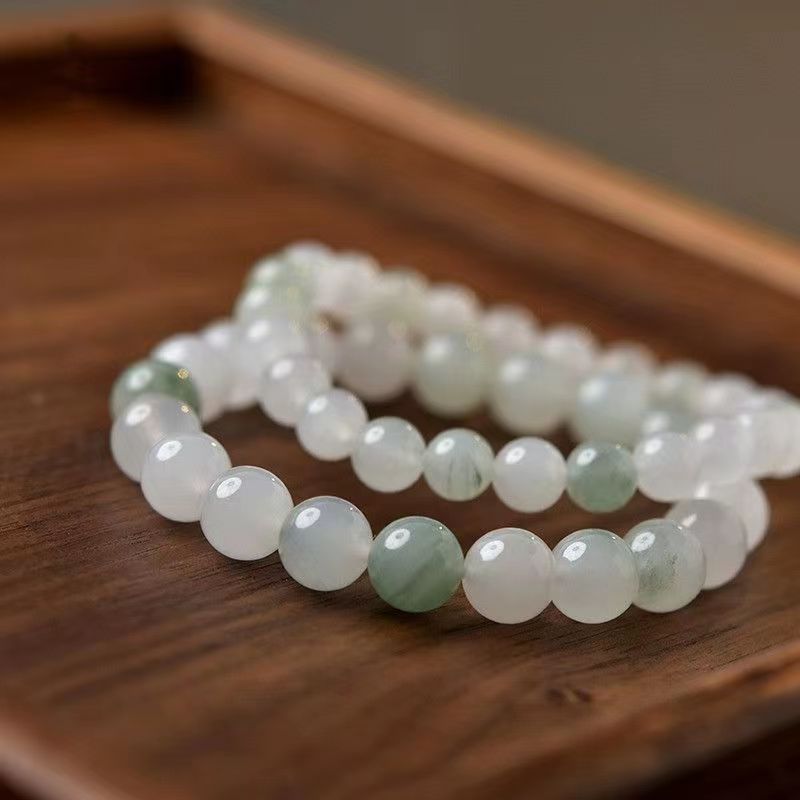 Chinoiserie Natural Tianshancui Jade Bracelet White Jade Round Bead Floating Flower Bracelet