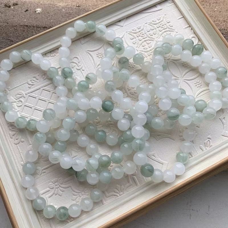 Chinoiserie Natural Tianshancui Jade Bracelet White Jade Round Bead Floating Flower Bracelet