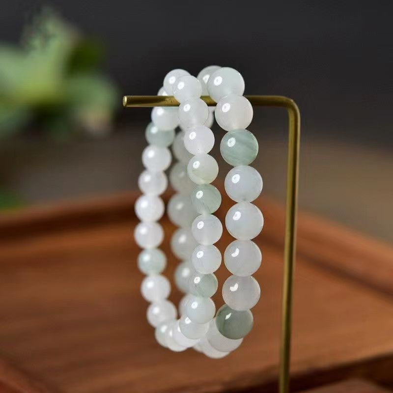 Chinoiserie Natural Tianshancui Jade Bracelet White Jade Round Bead Floating Flower Bracelet