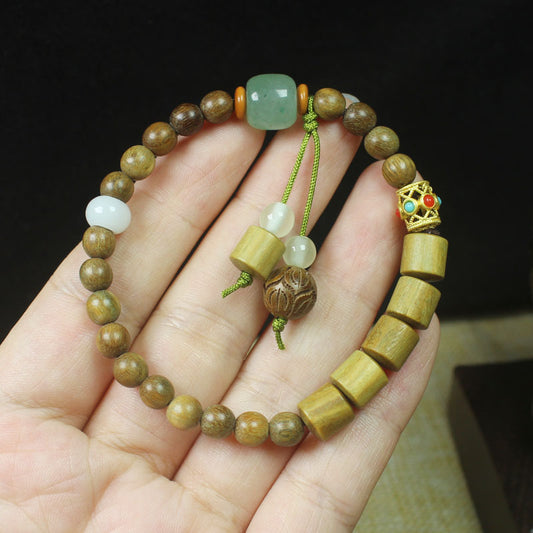 Chinoiserie Green Sandalwood Bucket Bead Feng Shui Bracelet