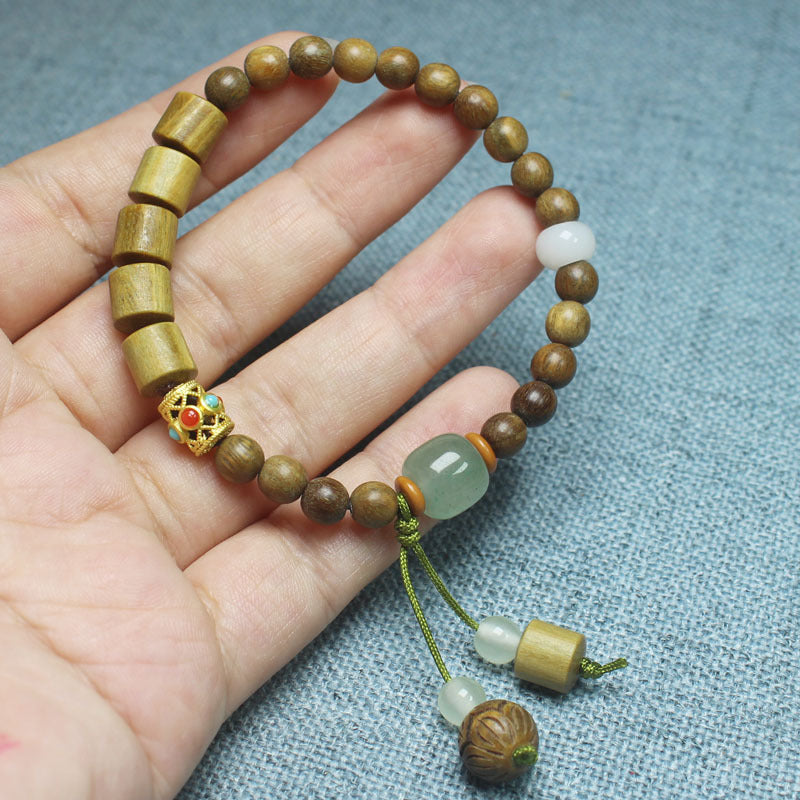 Chinoiserie Green Sandalwood Bucket Bead Feng Shui Bracelet