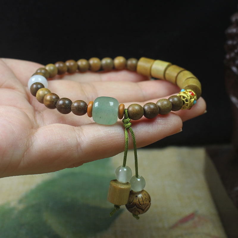 Chinoiserie Green Sandalwood Bucket Bead Feng Shui Bracelet