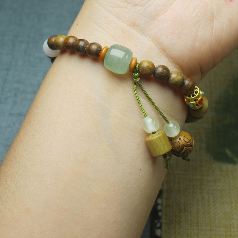 Chinoiserie Green Sandalwood Bucket Bead Feng Shui Bracelet