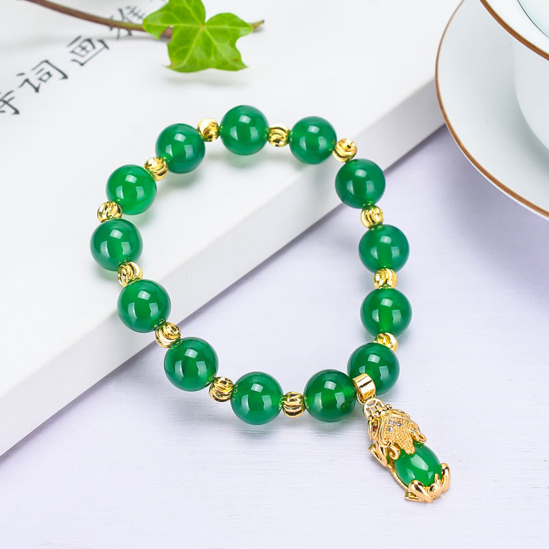 Chinoiserie Imperial Green Chalcedony Pixiu Jade Bracelet 10mm