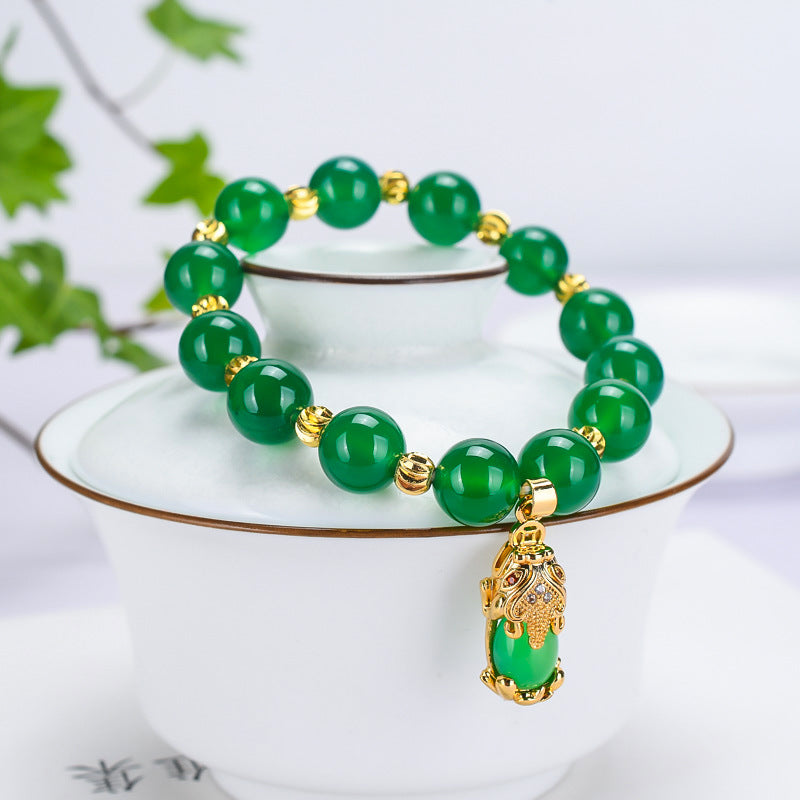 Chinoiserie Imperial Green Chalcedony Pixiu Jade Bracelet 10mm