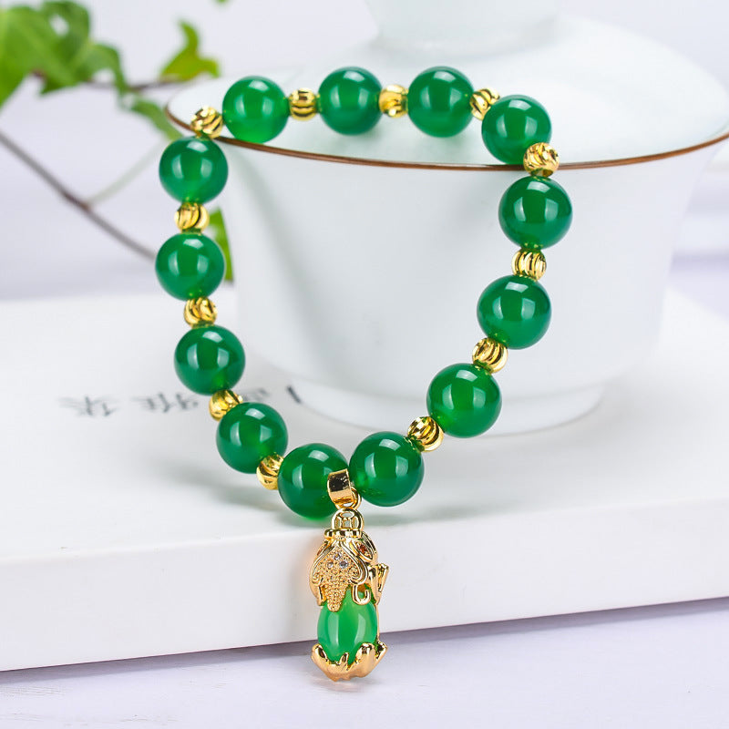Chinoiserie Imperial Green Chalcedony Pixiu Jade Bracelet 10mm