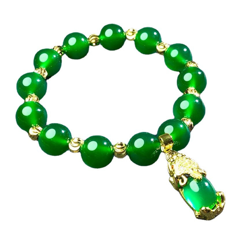Chinoiserie Imperial Green Chalcedony Pixiu Jade Bracelet 10mm