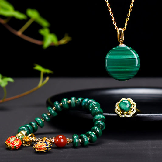 Chinoiserie natural malachite necklace, ring and bracelet three-piece set