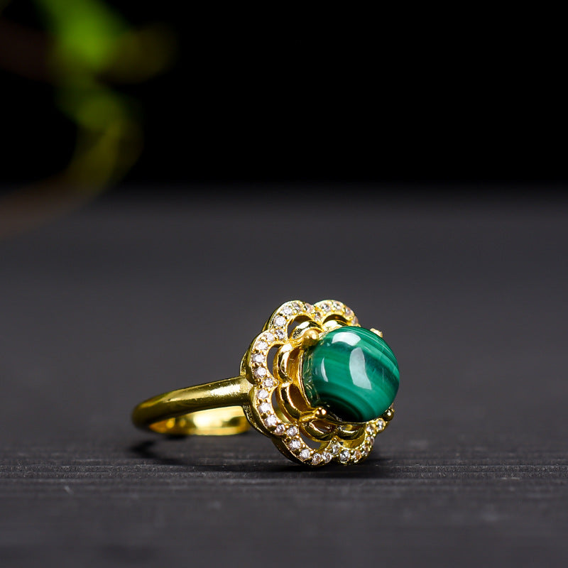 Chinoiserie natural malachite necklace, ring and bracelet three-piece set