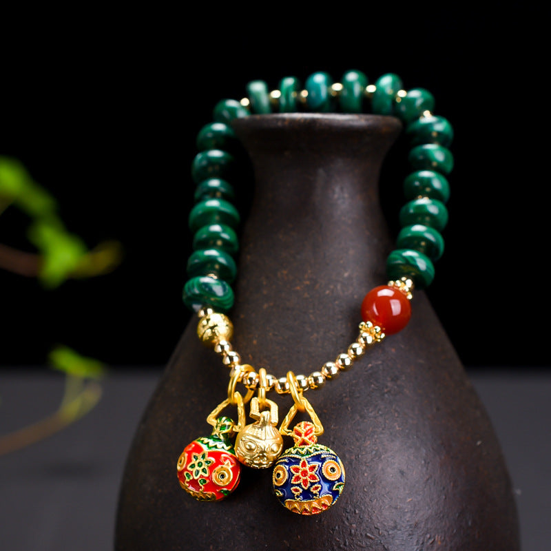 Chinoiserie natural malachite necklace, ring and bracelet three-piece set