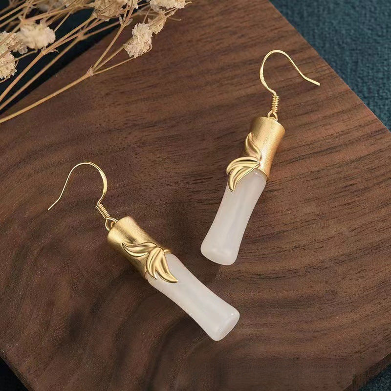 Chinoiserie Natural Hetian jade mutton-fat white vintage bamboo shape earrings
