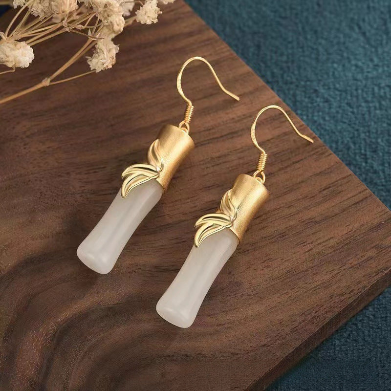 Chinoiserie Natural Hetian jade mutton-fat white vintage bamboo shape earrings
