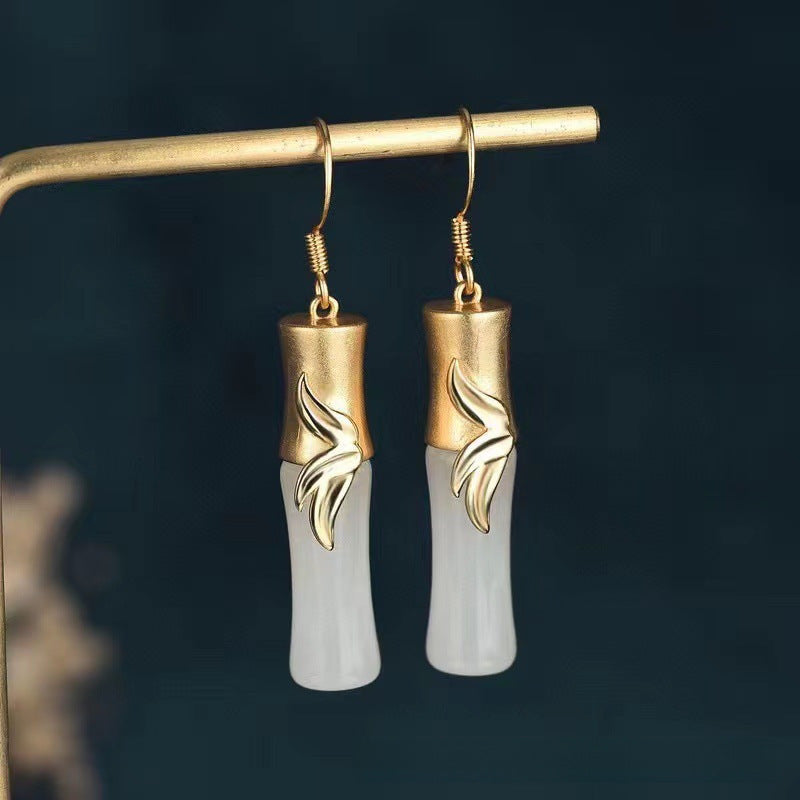 Chinoiserie Natural Hetian jade mutton-fat white vintage bamboo shape earrings
