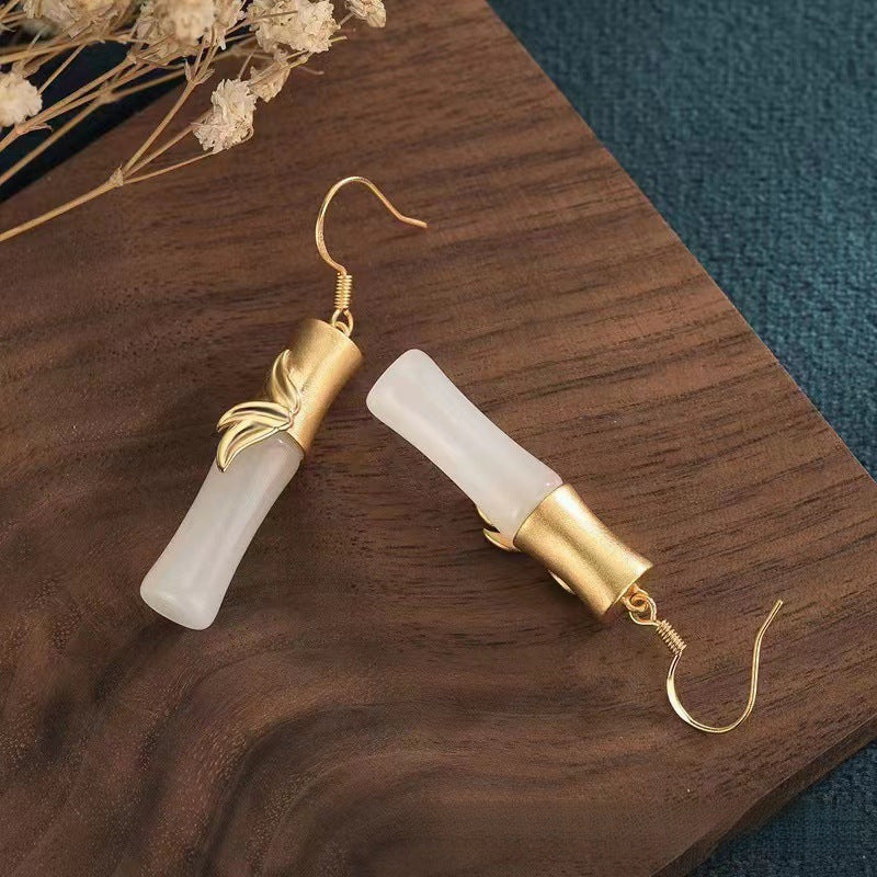Chinoiserie Natural Hetian jade mutton-fat white vintage bamboo shape earrings