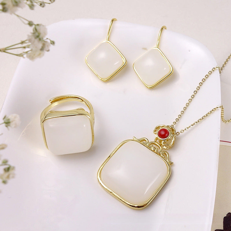 Chinoiserie Gold Silk Jade Mutton Fat White Jade Square Earrings Ring Necklace Set 4PCS