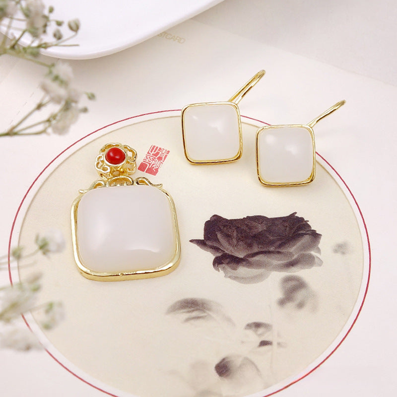 Chinoiserie Gold Silk Jade Mutton Fat White Jade Square Earrings Ring Necklace Set 4PCS