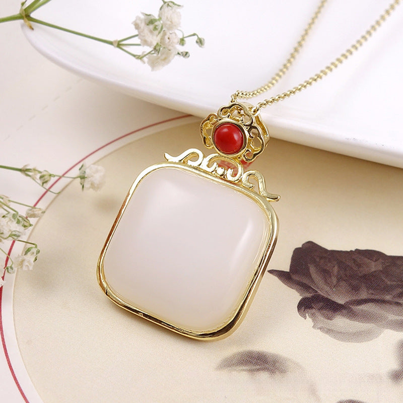 Chinoiserie Gold Silk Jade Mutton Fat White Jade Square Earrings Ring Necklace Set 4PCS