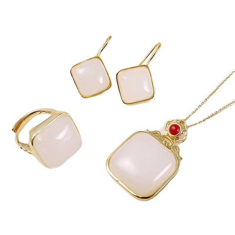 Chinoiserie Gold Silk Jade Mutton Fat White Jade Square Earrings Ring Necklace Set 4PCS