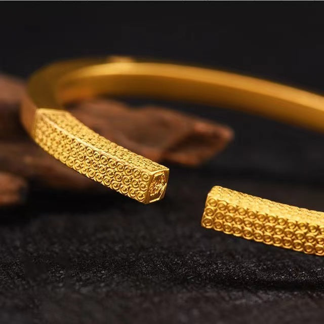 Alluvial gold square and round engraving bracelet, ancient palace solid bracelet