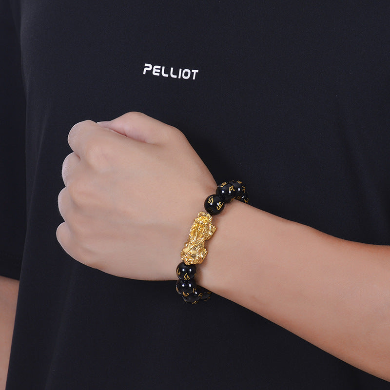 Chinoiserie Men's Obsidian Pixiu Bracelet Feng Shui String-12mm