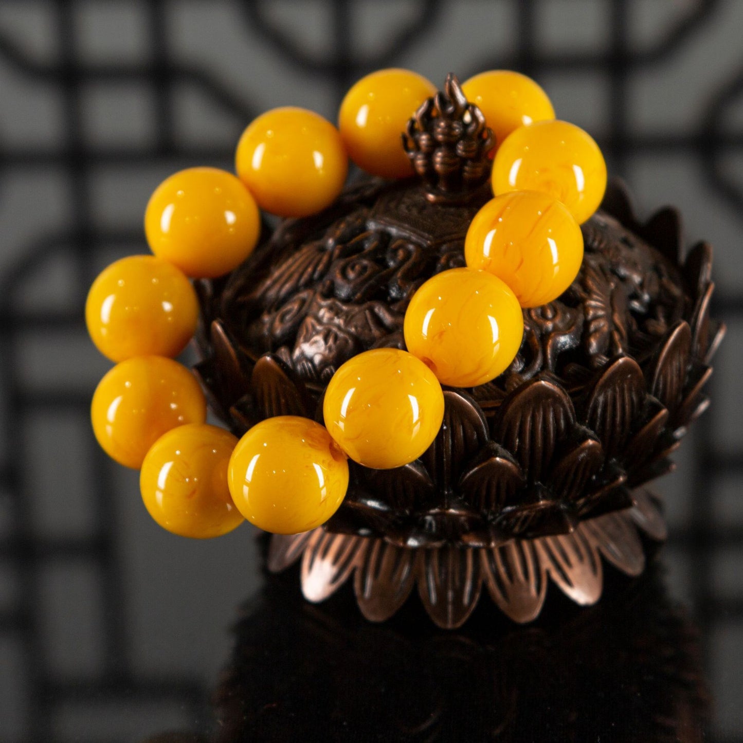 Chinoiserie yellow beeswax feng shui bracelets with floating flowers