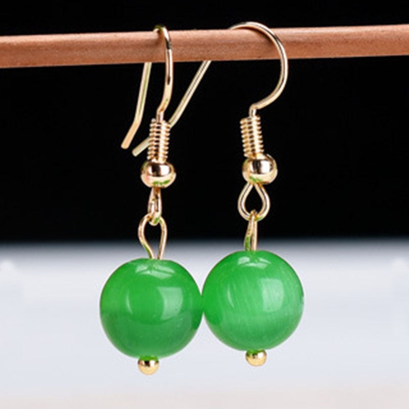Chinoiserie natural cat's eye jade fashion earrings 10mm green earrings