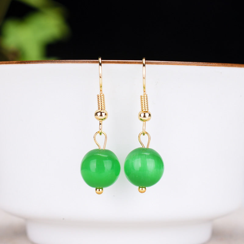 Chinoiserie natural cat's eye jade fashion earrings 10mm green earrings