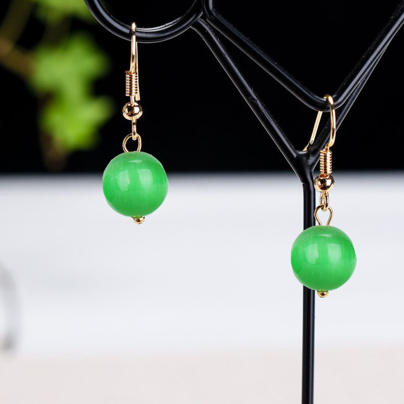 Chinoiserie natural cat's eye jade fashion earrings 10mm green earrings