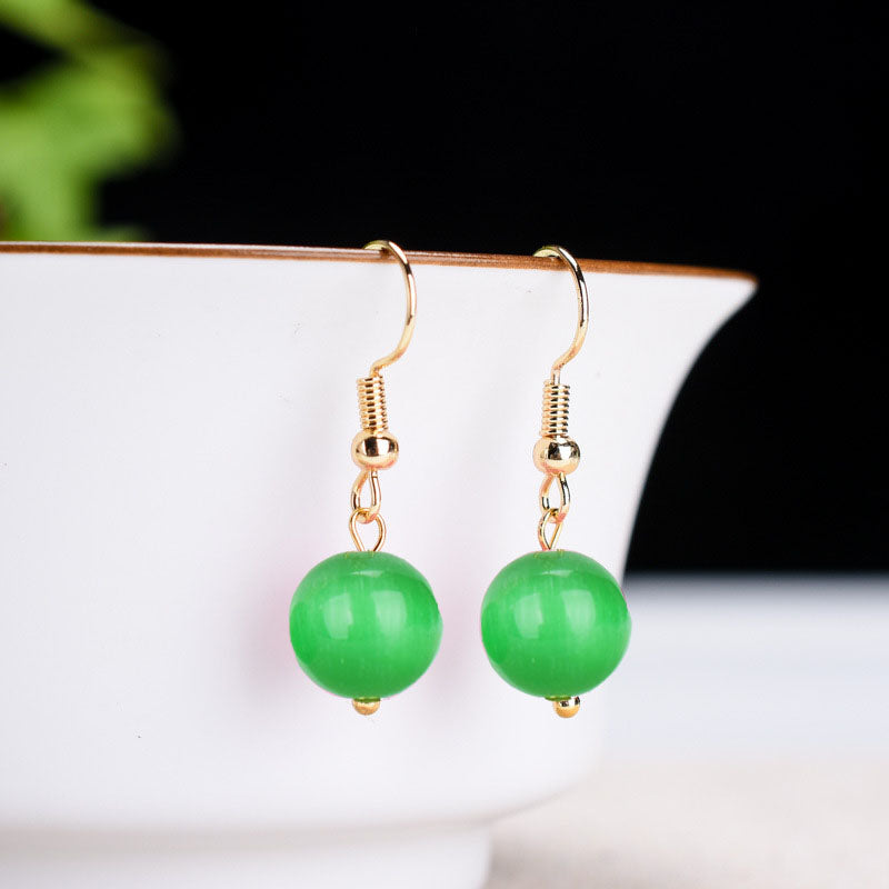 Chinoiserie natural cat's eye jade fashion earrings 10mm green earrings
