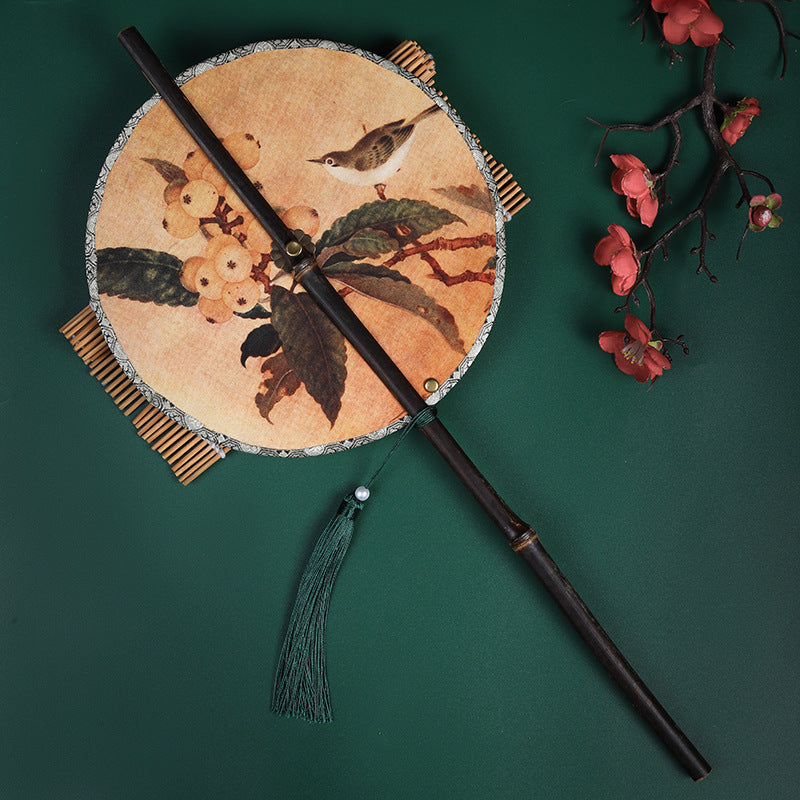 Chinese style classical print ladies waist fan purple bamboo long handle tassel curly round fan