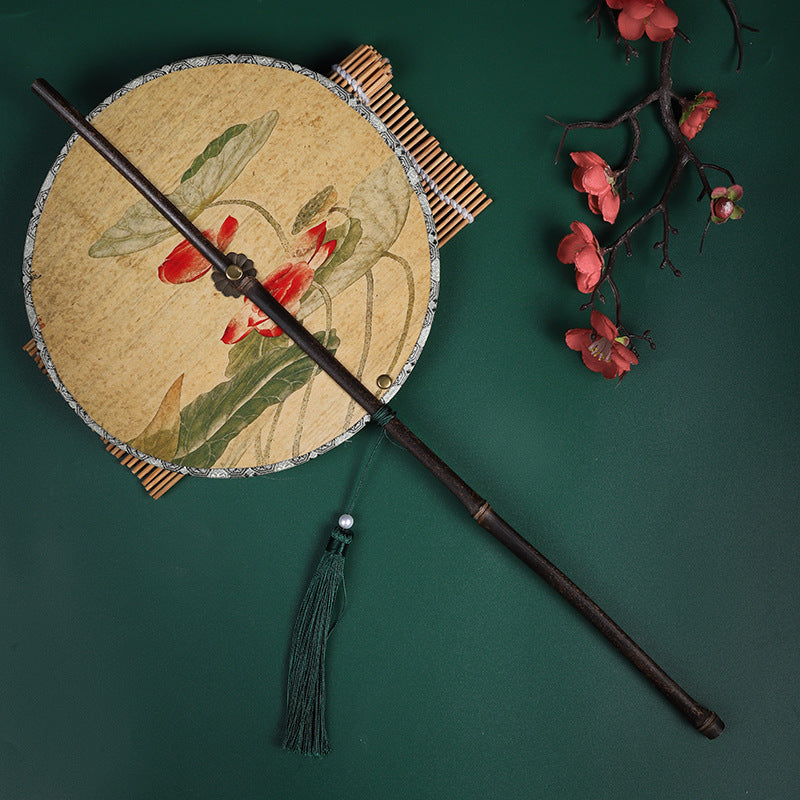 Chinese style classical print ladies waist fan purple bamboo long handle tassel curly round fan