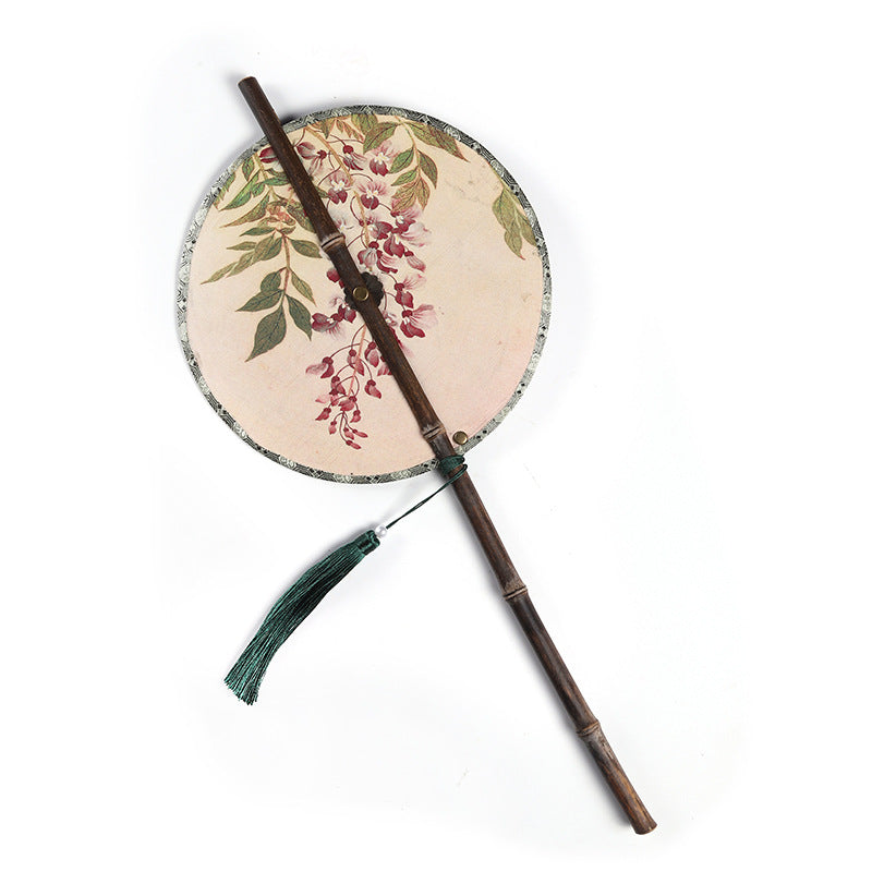 Chinese style classical print ladies waist fan purple bamboo long handle tassel curly round fan