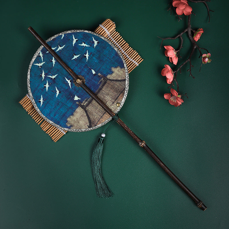 Chinese style classical print ladies waist fan purple bamboo long handle tassel curly round fan