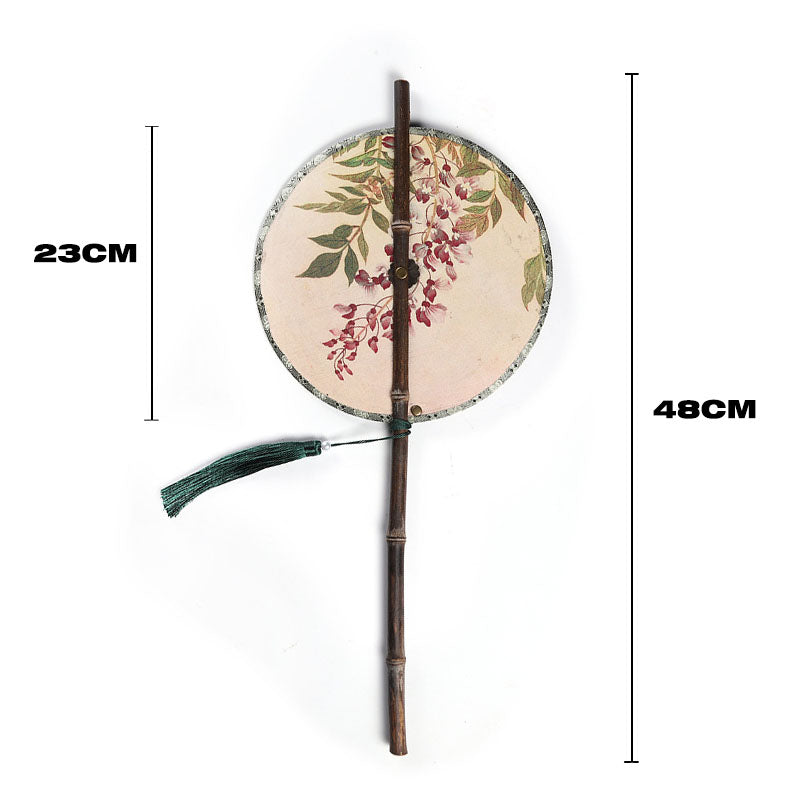 Chinese style classical print ladies waist fan purple bamboo long handle tassel curly round fan