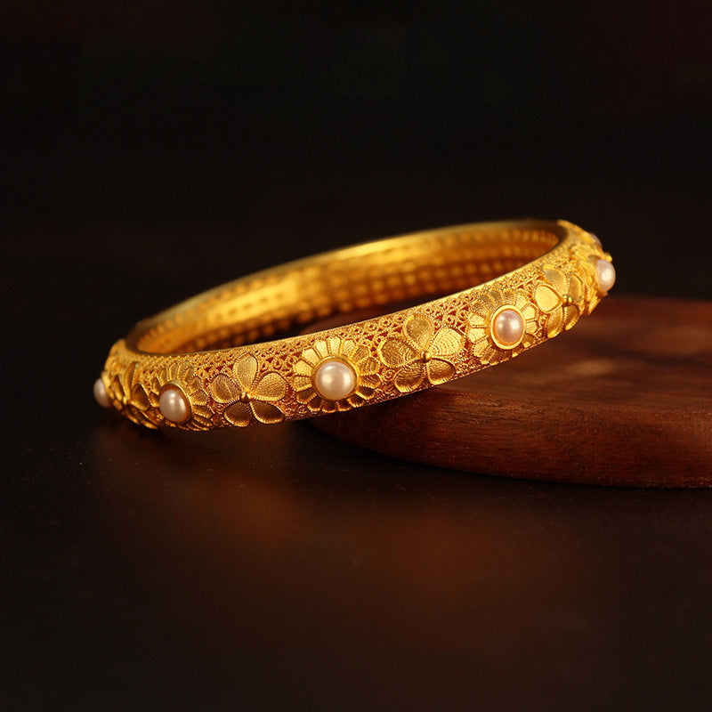Sand gold flower series pearl inlaid women's bracelet-60MM