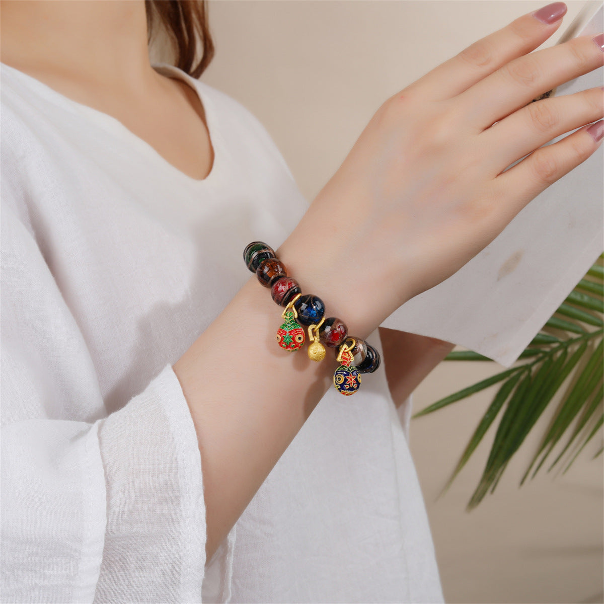 Chinoiserie ash colored glaze women's bracelet, colorful couple's style colored glaze feng shui string