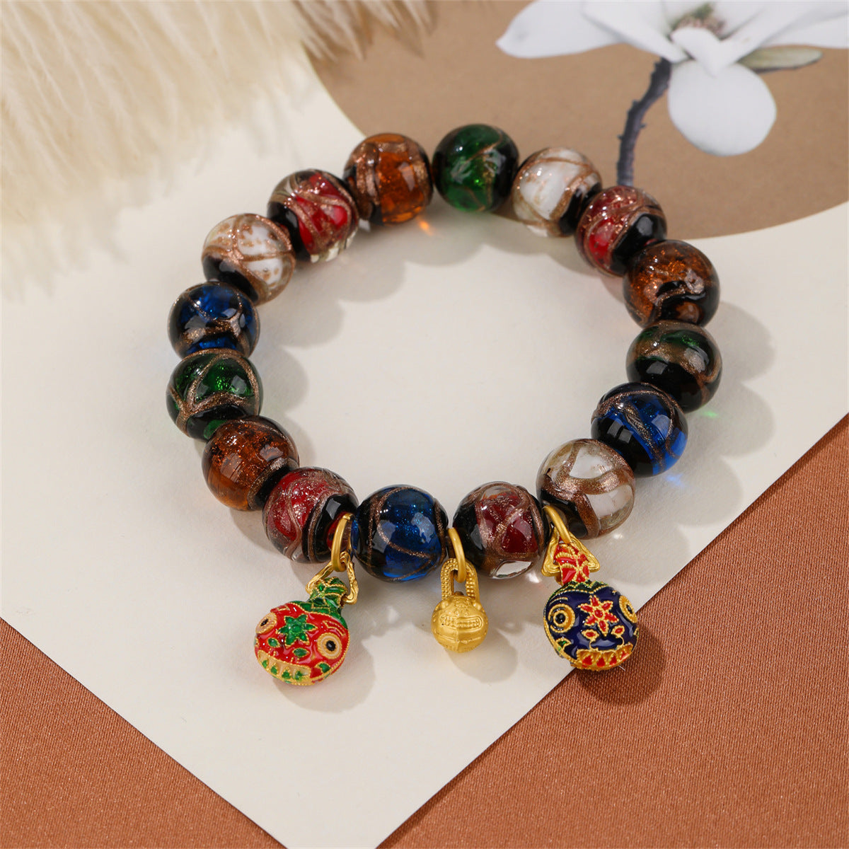 Chinoiserie ash colored glaze women's bracelet, colorful couple's style colored glaze feng shui string