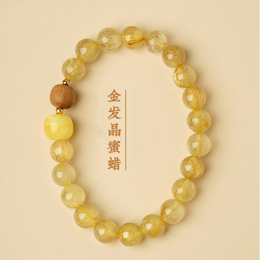 Chinoiserie Blonde Crystal Beeswax Bracelet Laoshan Sandalwood Amber Feng Shui  bracelet