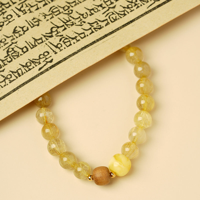 Chinoiserie Blonde Crystal Beeswax Bracelet Laoshan Sandalwood Amber Feng Shui bracelet