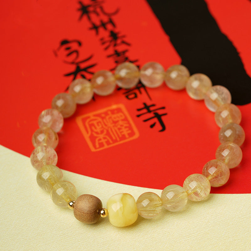 Chinoiserie Blonde Crystal Beeswax Bracelet Laoshan Sandalwood Amber Feng Shui bracelet