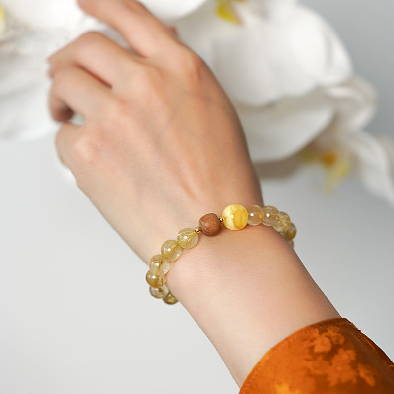 Chinoiserie Blonde Crystal Beeswax Bracelet Laoshan Sandalwood Amber Feng Shui bracelet